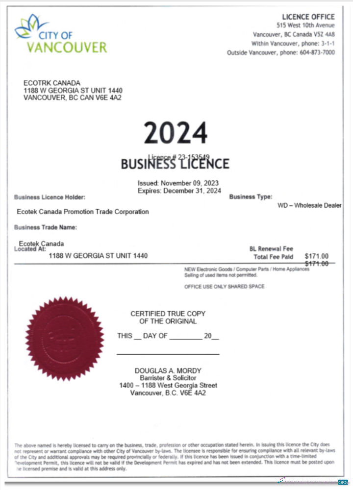 USA City of Vancouver certificate of business licence Word and PDF template